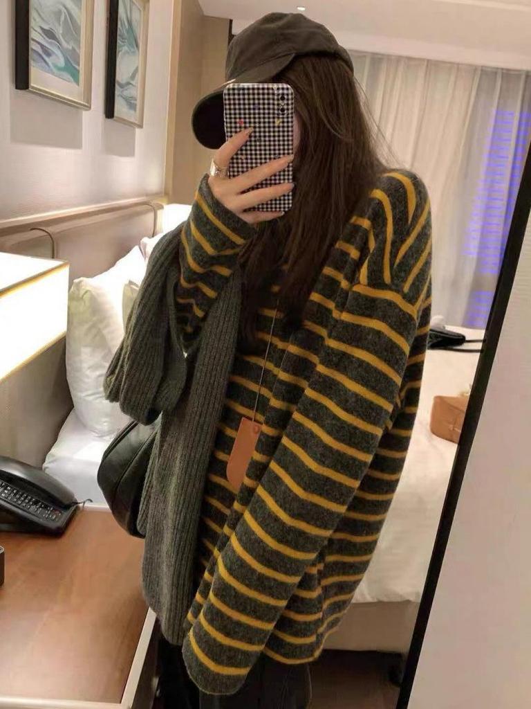 European Style 100% Pure Wool Striped Cashmere Sweater for Women - Autumn/Winter Collection