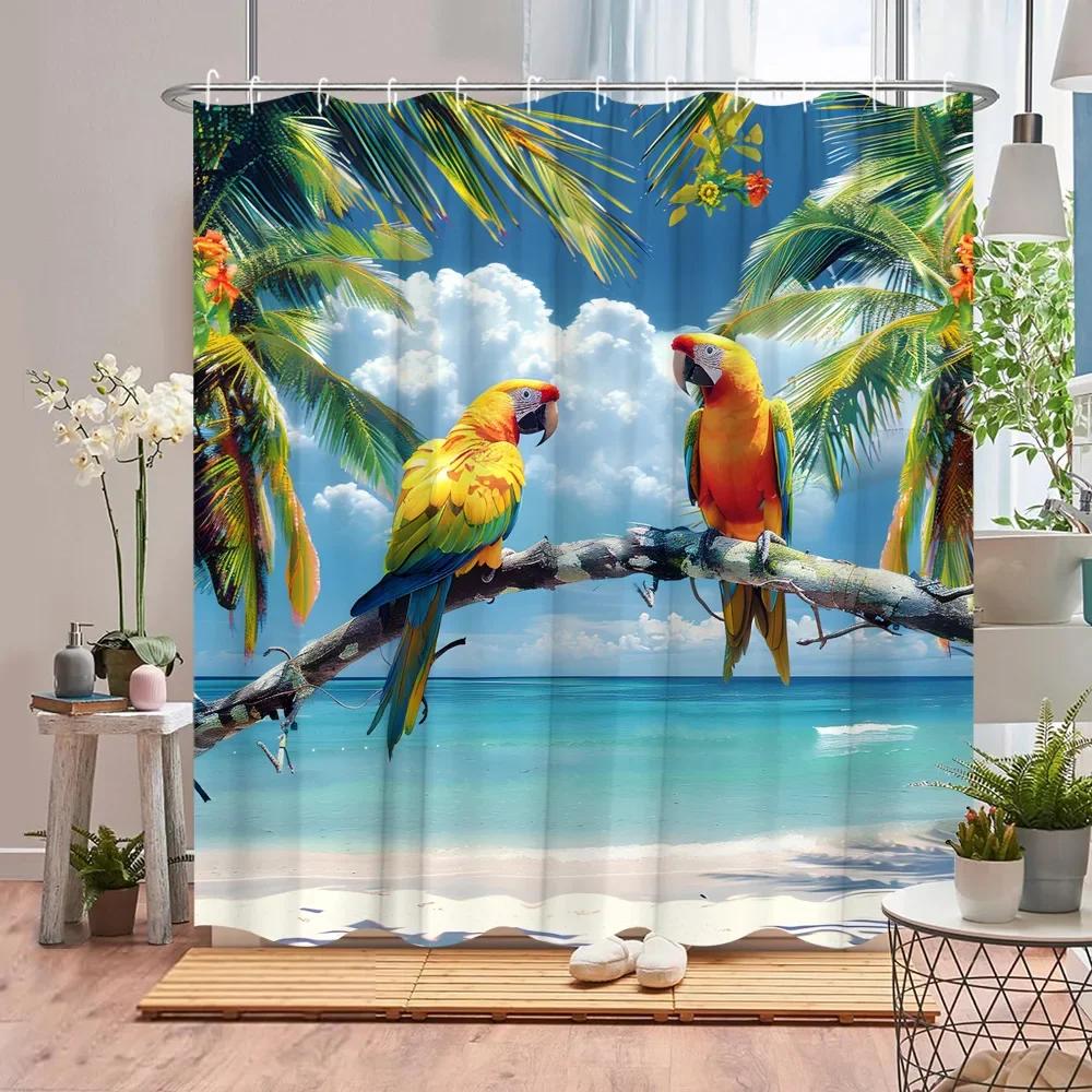 Papagei Duschvorhang Tukan Tropische Pflanze Tier Blume Blatt Ozean Flamingo Cartoon Polyesterstoff Badezimmerdeko Vorhänge