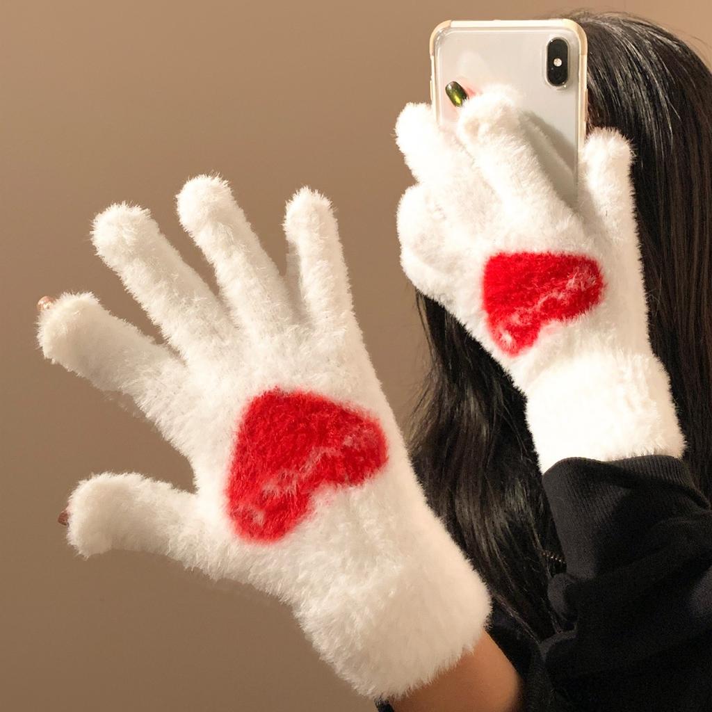 Red Love Plush Knitted Gloves for Women Velvet Cold Proof, Rideable Autumn and Winter Fingerless Touch Screen