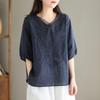 Women's Summer 2024 V-Neck Embroidered Three-Quarter Sleeve Cotton Linen Shirt