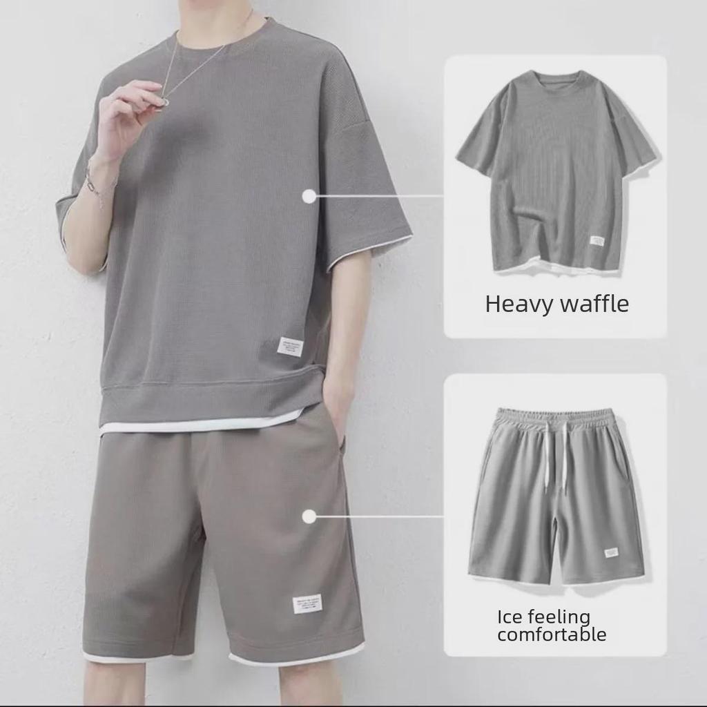 Youth Summer Ice Silk Waffle Suit Short Sleeve Tops + Shorts Casual Handsome Sports Two Piece Set