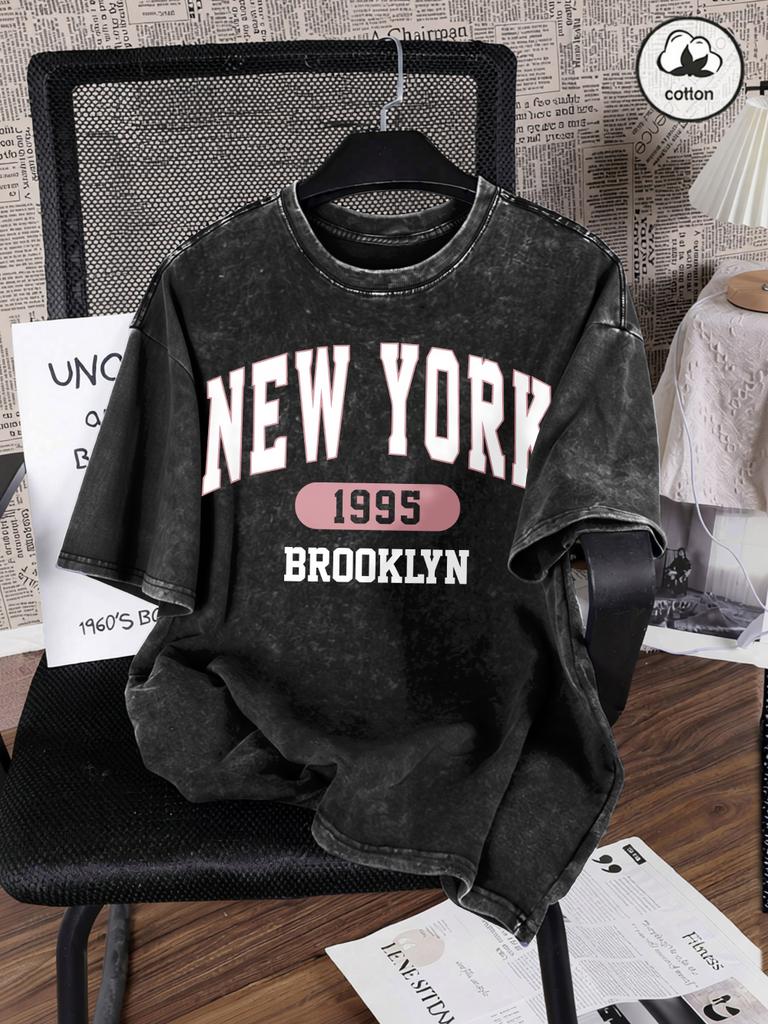 New York City Brooklyn Print Washed TShirt Mens Cotton Oversized T Shirts Casual Short Sleeve ONeck Tops Summer Male Tees