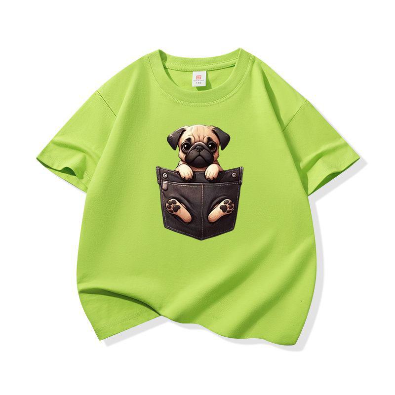 Kids Cotton T Shirt Cute Pocket Pug Puppy Dog Graphic Crew Neck Short Sleeve Tee Casual Breathable Boys Girls Summer Tops
