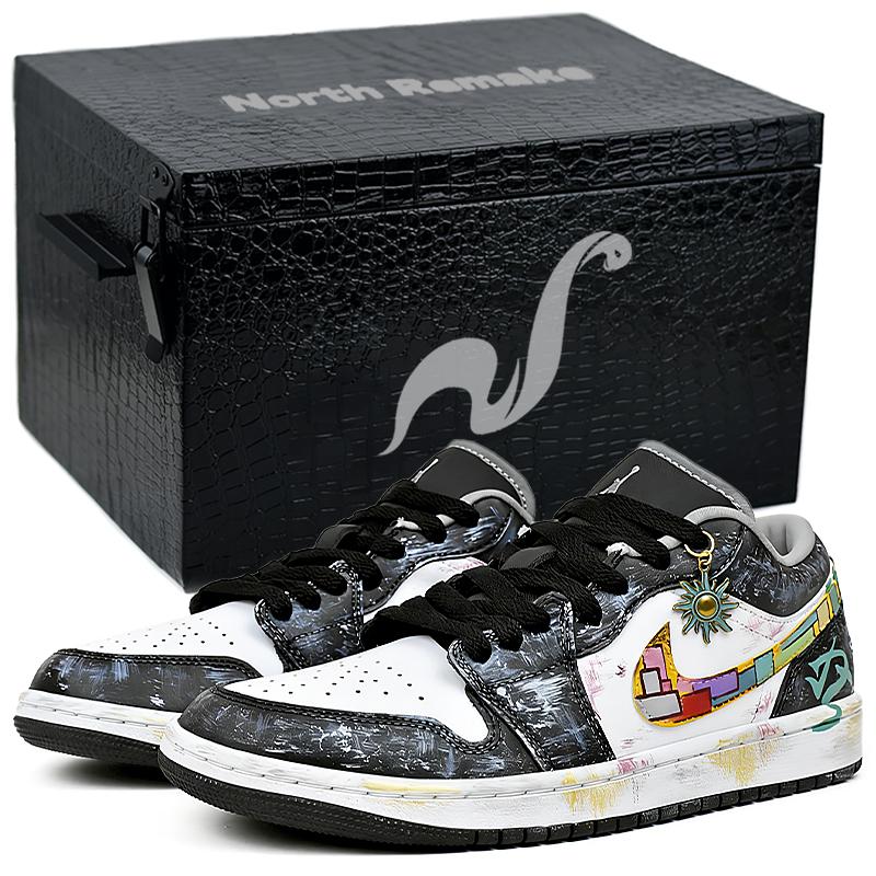 Jordan Air Jordan 1 Slip Resistant Abrasion Resistant Low Top Vintage Basketball Shoes Unisex Black White Yellow 553558-040(Team1676-S-BOX)