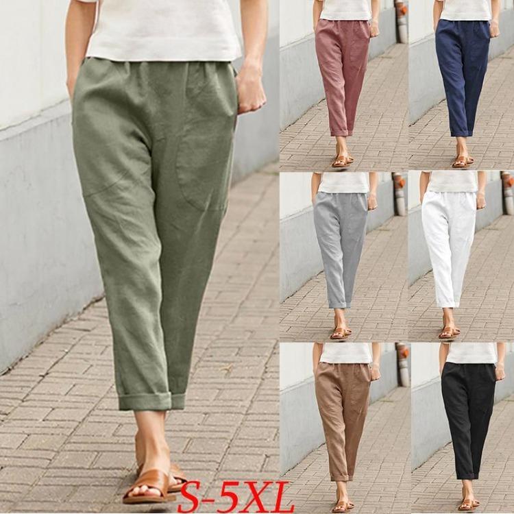 Ladies Cotton Linen Trousers Women Summer Loose Long Pants Solid Color Double Pocket Comfortable Trousers