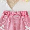 Baby Girls 2-Piece Outfit, Ribbed Ruffle Neck Top and Embellished Denim Shorts