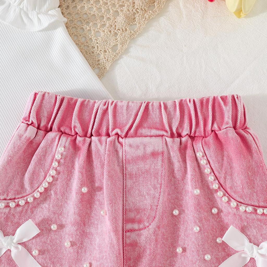 Baby Girls 2-Piece Outfit, Ribbed Ruffle Neck Top and Embellished Denim Shorts