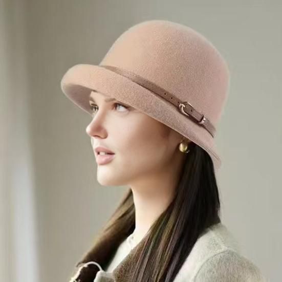 Basin Hat British Style Woolen Casual Hat with Rolled Brim Faux Leather Strap Women Autumn Winter Urban Hat