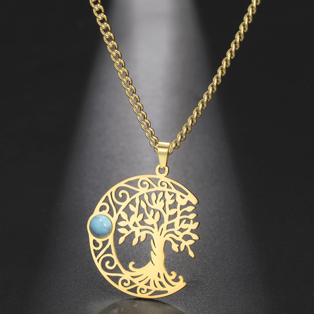 Dawapara Vintage Turquoise Crescent Moon Tree of Life Necklace Filigree Celtics Moon Wiccan Pendant Stainless Steel Jewelry
