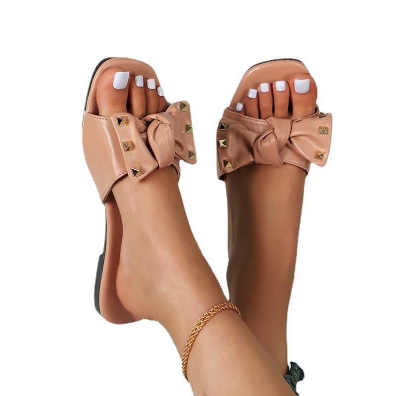 One-word cool slippers women's summer new rivets bow square head slippers women's large size flat sandals