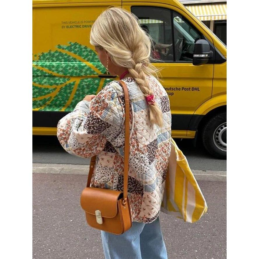 Retro tisk Barevné bavlněné bundy Dámské Dlouhý rukáv s výstřihem do O, Jednořadový kabát Podzim Zima Dáma Neformální Streetwear