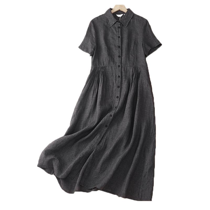 2025 summer new temperament cotton and linen dress women, retro loose solid color shirt skirt