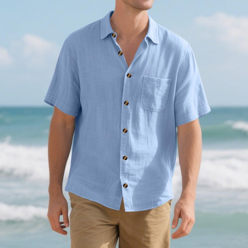 Herren locker lässig einfarbig Leinen Kurzarm Hemd mit Knöpfen und Brusttasche