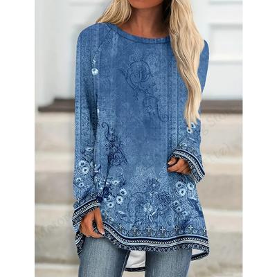 Spring and Autumn Round Neck Vintage Floral 3D Printed Top Fashionable Casual Long Sleeved Women's T-shirts