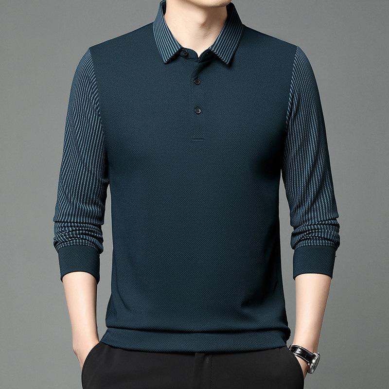 Modna koszulka męska w paski w stylu koreańskim z długim rękawem, modne i uniwersalne klapy, luźny dół w średnim wieku