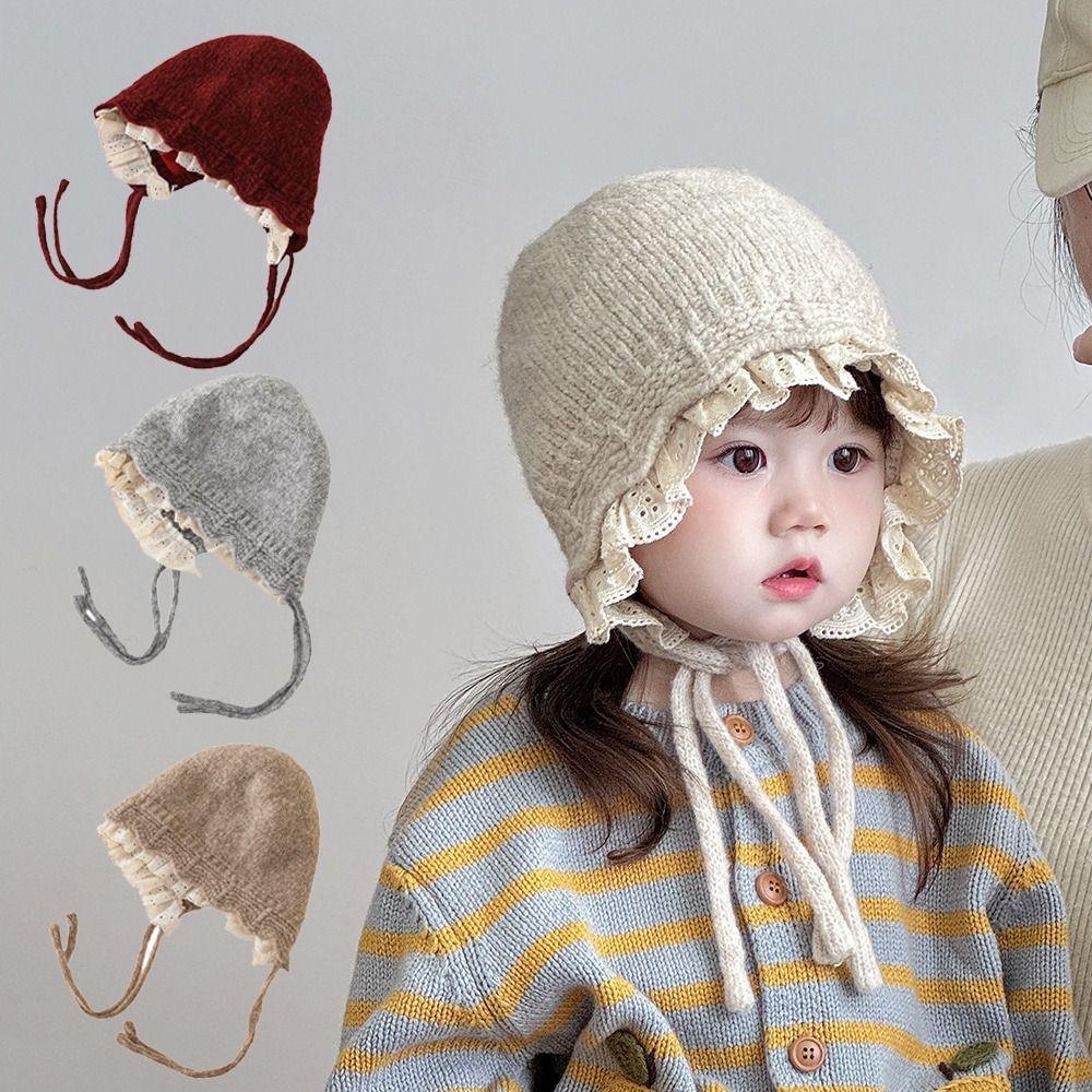 Soft Kids Warm Hat Ear Protection Knitted Lace Cap Sweetness Baby Bonnet  Girls