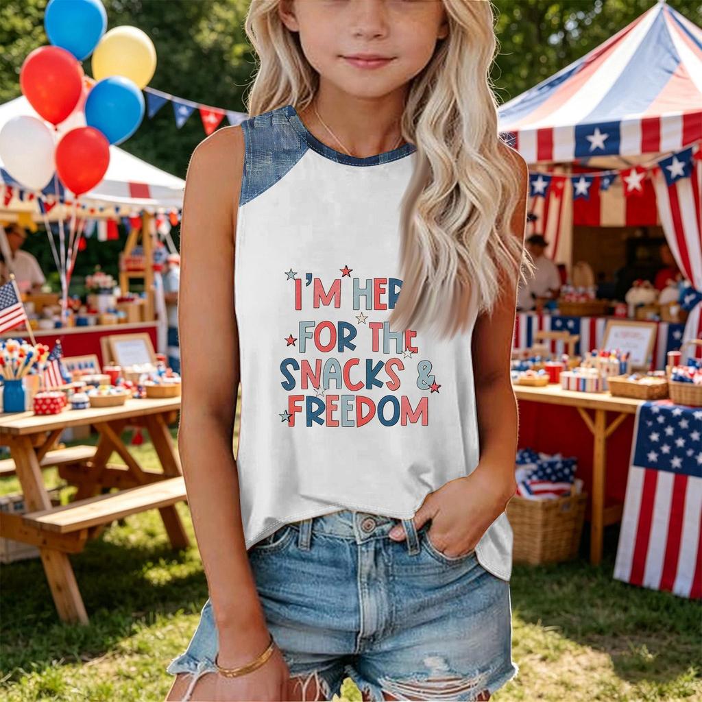 Girls Sleeveless Tank Top Loose Fit Round Neck T Shirt Independence Day Denim Print Casual Summer Tee for Kids