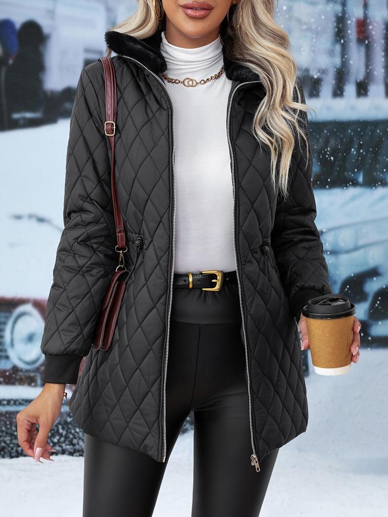 European-American Fur Collar Quilted Jacket: Slimming Mid-length Black Coat for Autumn/Winter - Warm and Windproof