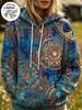 Dámská mikina s kapucí podšitá fleecem Boho Mandala Sluneční kruh Celoplošný potisk Dlouhý rukáv Oversized Teplá Ležérní mikina s kapucí