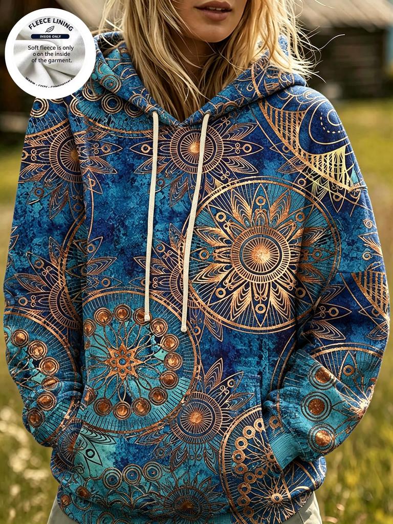 Dámská mikina s kapucí podšitá fleecem Boho Mandala Sluneční kruh Celoplošný potisk Dlouhý rukáv Oversized Teplá Ležérní mikina s kapucí