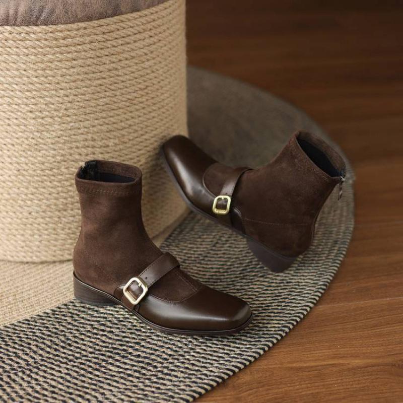 New low-heeled suede elastic medium boots non-slip rubber sole square-heeled large-size women's boots autumn and winter square-head Martin boots