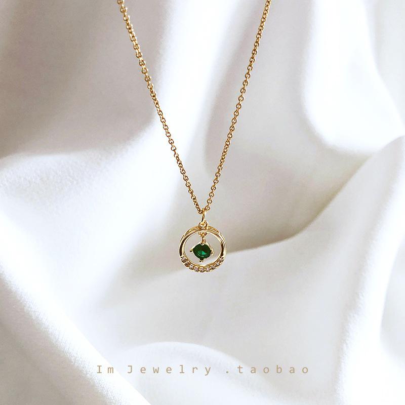 14k Gold Plated S925 Silver Round Emerald Zircon Geometric Necklace Pendant for Women. S925 Silver