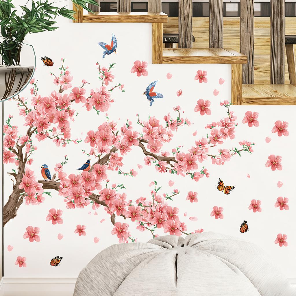 Wall Sticker Branch Cherry Blossom Birds Self Adhesive Wall Decal for Living Room Bedroom Home Decor
