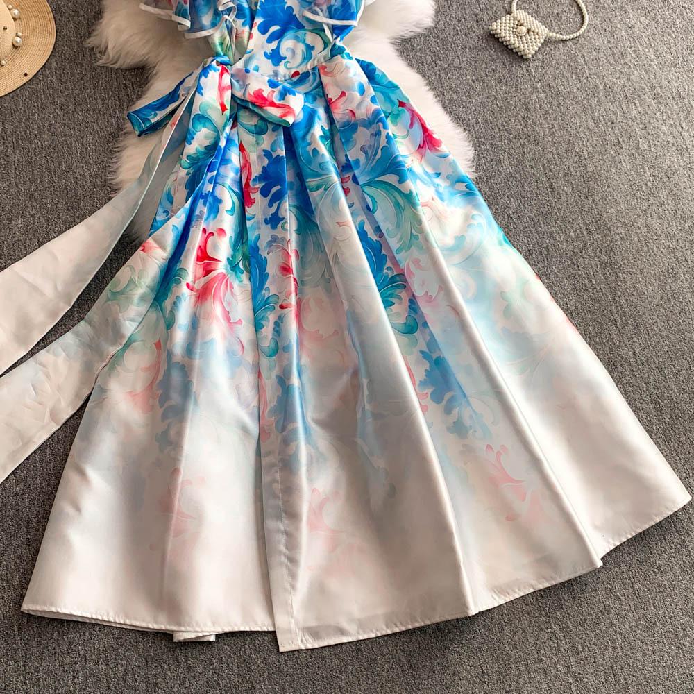 Rochii Lungi Elegante cu Imprimeu Floral Femei Vară Vacanță Mânecă cu Volane Dintr-o Bucată Petrecere Vintage Retro Rochii de Seară