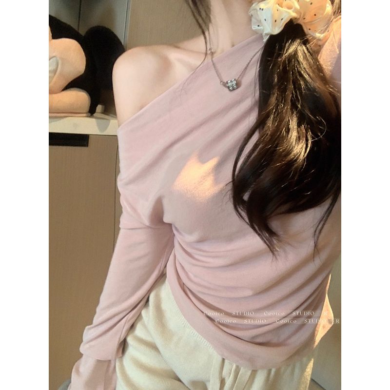 Kumikumi Design Sense Light Yellow Sloping Shoulder Long sleeves Shirt Women clothes Autumn Niche Chic Waist Slimming Top