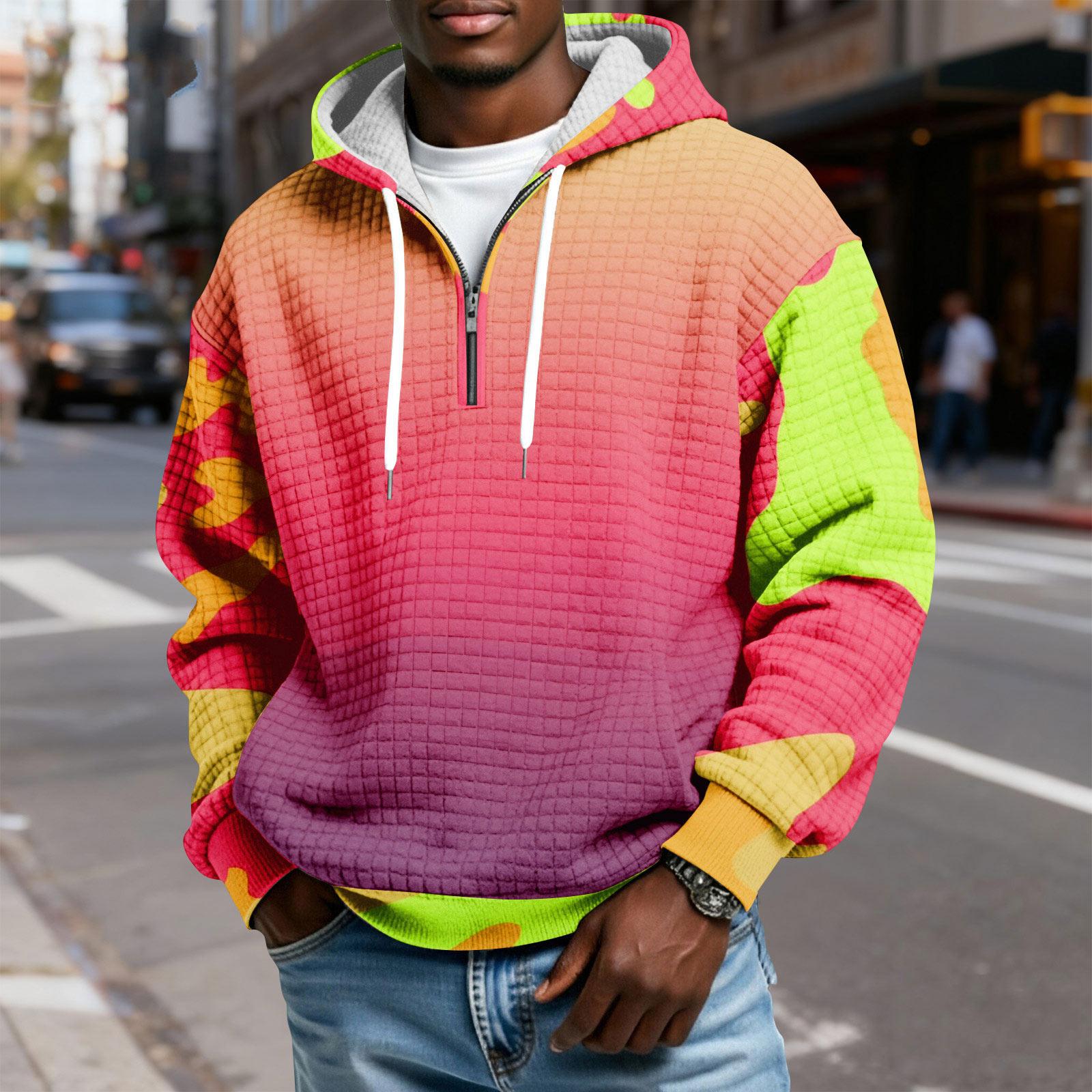 

Men s Half-Zip Hooded Plaid Pullover Drawstring Print Casual Sports Sweatshirt XL