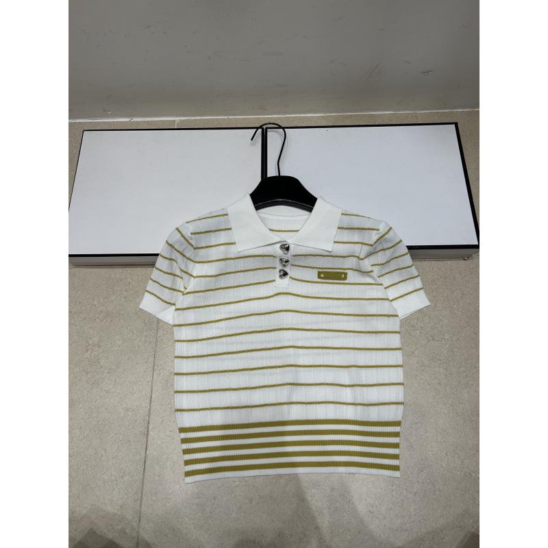 Miu Style High-Quality Summer 2026 Striped Knit Lapel Short Sleeve Loose Casual Top