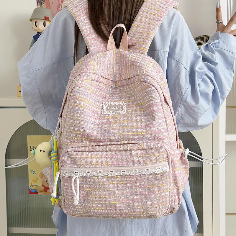 Cute Striped Backpack with Lace Trim, Lightweight School Bag for Women and Teens