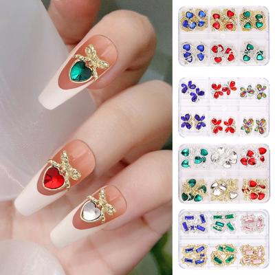 1 boîte de strass pour Nail Art, décoration 3D, cœur, papillon, couronne rectangulaire, Faux cristal sur breloques en alliage, accessoires de décoration créatifs pour