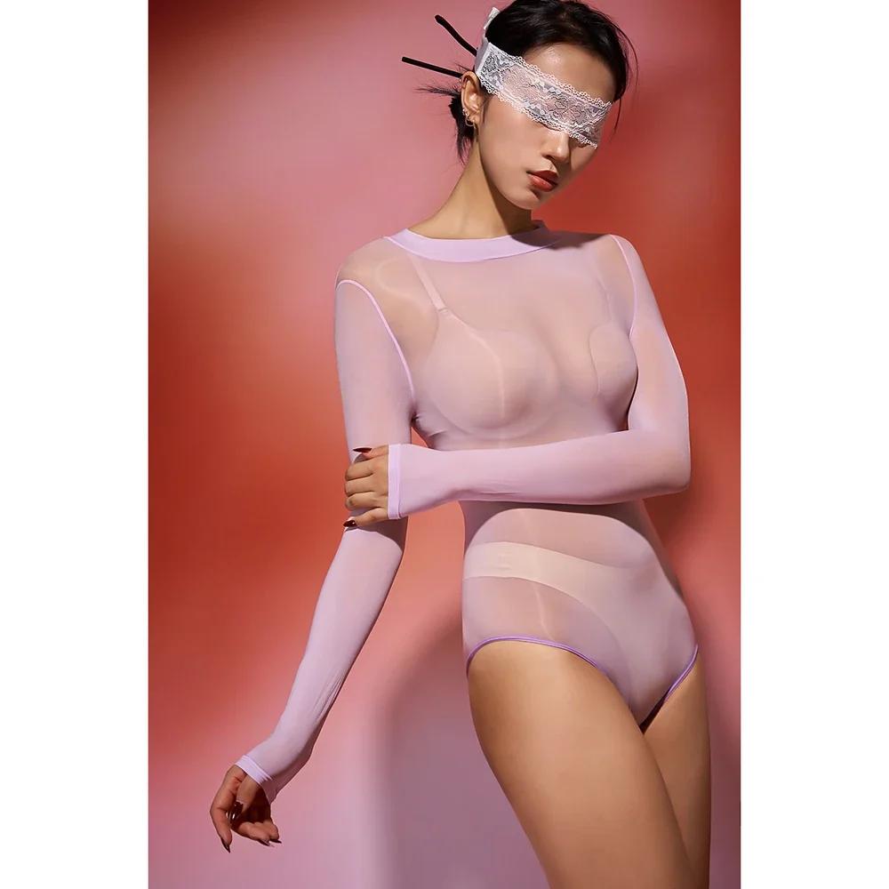 Enticing Sparkling Shiny Bosom No Seam Bodystocking Full Sleeve Part Beach Wear Jumpsuit Transparent Leggings Steamy Body Teddies Night Out Wear