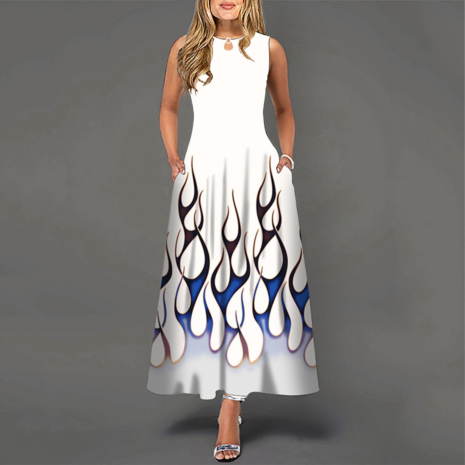 

Женское повседневное длинное платье без рукавов с большим подолом и круглым вырезом с принтом XL белый