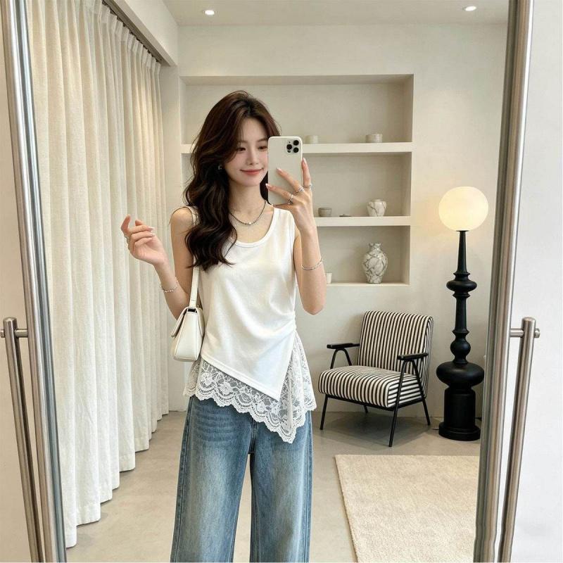 New Summer Women's Clothing with Irregular Design Lace French Sleeveless Tank Top T-Shirt