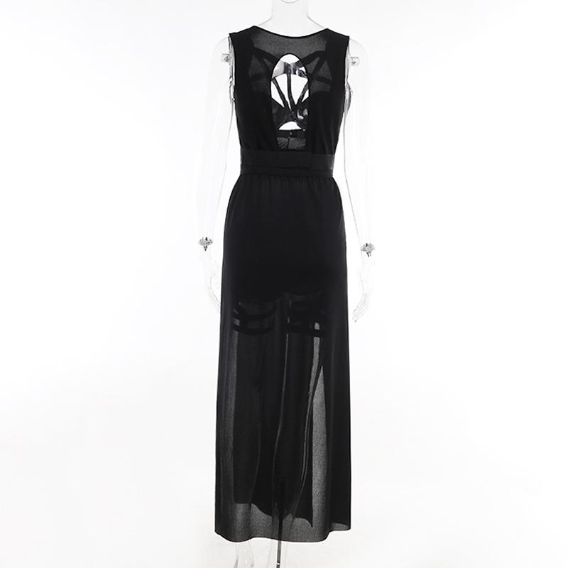 Gothic Club Sexy Summer Skirt Set Women Sleeveless Black Corset Crop Top Bandage Underpants Mesh Split Skirt 3pcs Sets