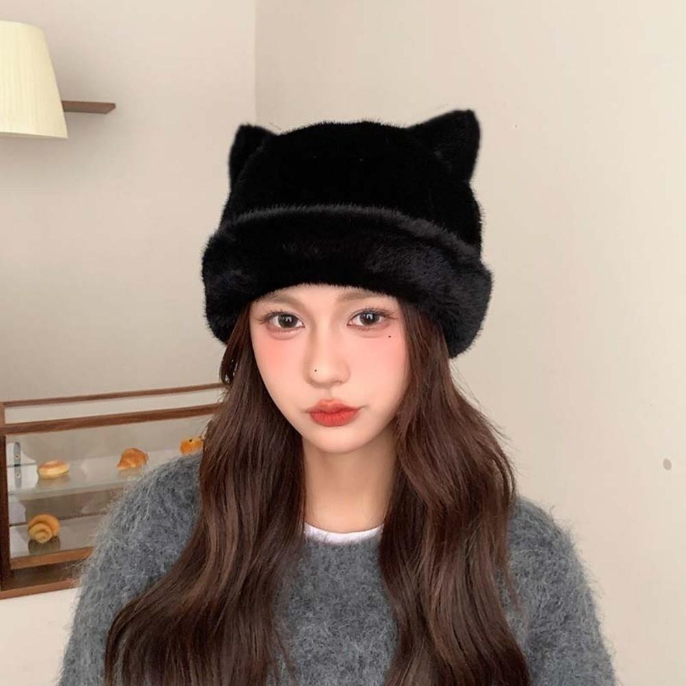 Korean Style Leopard Ear Beanie Soft Pullover Cap Versatile Brimless Beanie Cap  Autumn