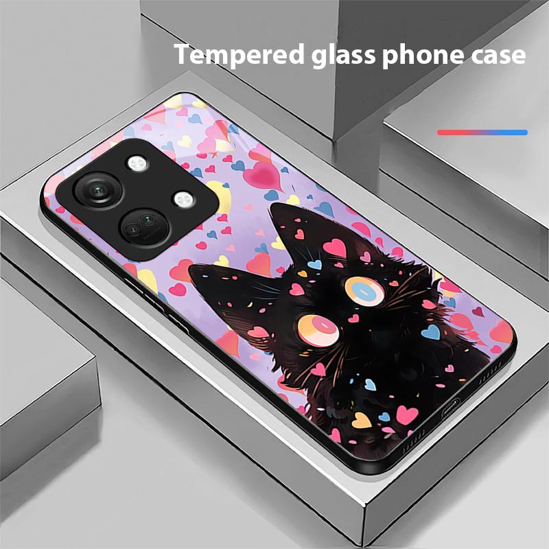 Cute Little Cat For OnePlus Nord 3 5 6T 7 Pro 8 12 10T Reno8 Lite 5G 10R Nord N30 Hard Shell Tempered Glass Phone Case Black