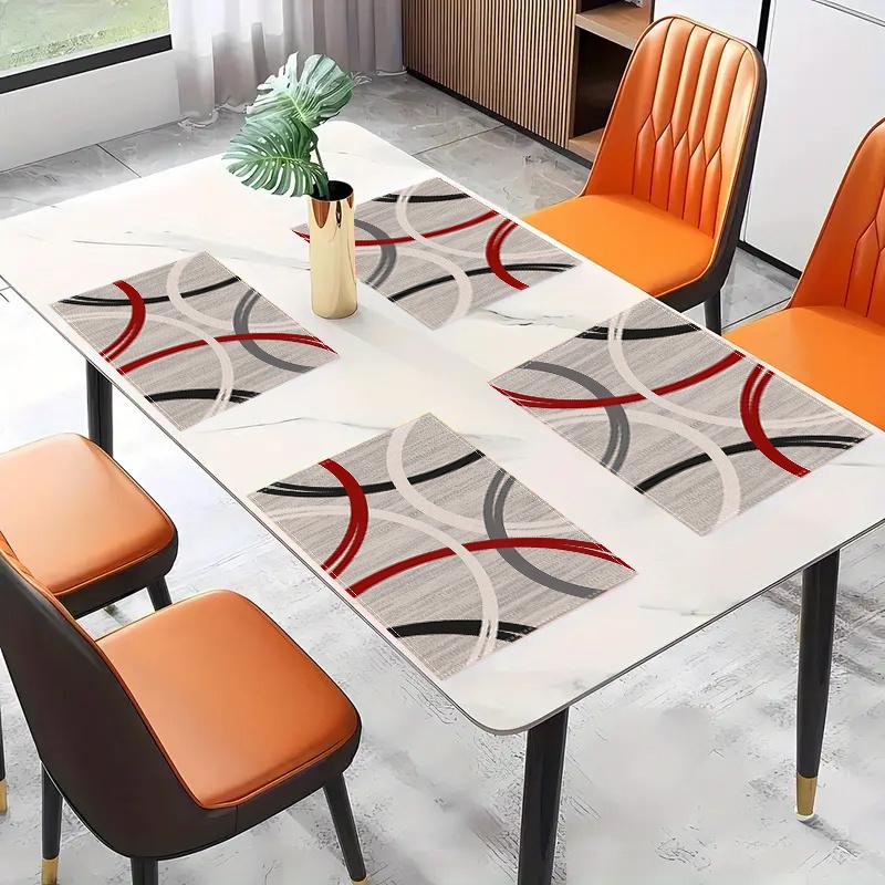 4-Pack Linen Placemats, 12x18 Inch, Machine Washable, Abstract Geometric Red & Gray Line Design for Home Kitchen, Party & Room Decor