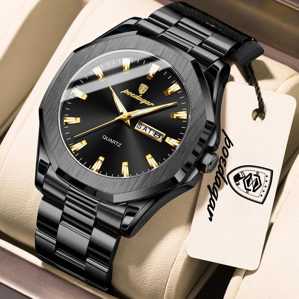 POEDAGAR Luxury Men Wristwatch Waterproof Luminous Week Date Casual Clock Stainless Steel Quartz Fashion Watches Reloj