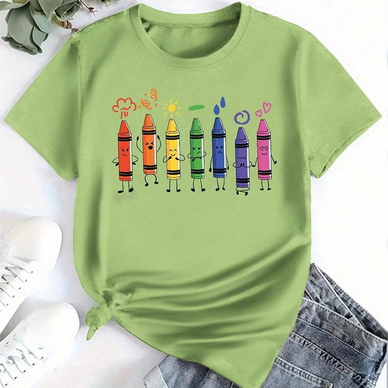 Mode Frauen süße Cartoon Crayon Print T Shirt lustige lässig O-Ausschnitt kurze Ärmel T-shirt Sommer weibliche T-Shirt