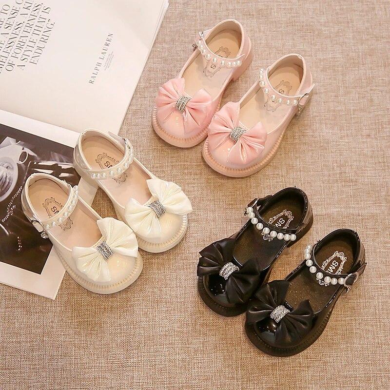 

Sweet Children Leather Shoes Bowknot Organza Elegant Girl s Mary Janes Three Colors Spring Princess Dance 26-36 Kids Flat Shoe