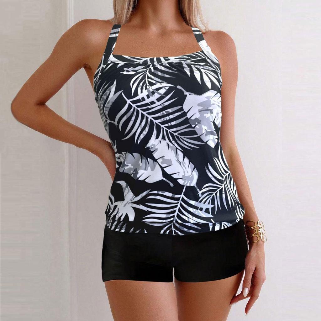 2024 Women's Sexy Conservative Tankini: European & American Split Swimsuit with Print Flat Leg Shorts