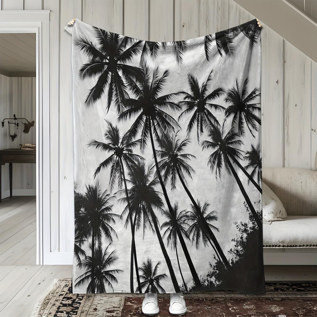 1Pc Black And White Coconut Palm Print Blanket, Polyester Fabric, Machine Washable, Suitable For Bedroom Living Room Decoration
