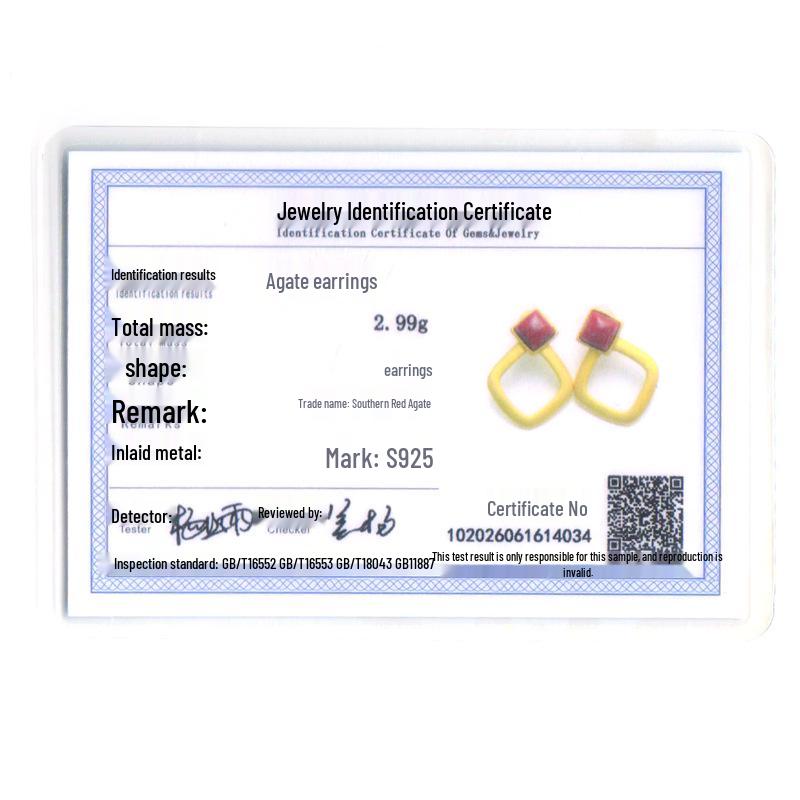 

Gold-Plated Square Hollow 925 Sterling Silver Earrings with Southern Red Agate and Certificate for Women 925 Silver Gold-Plated