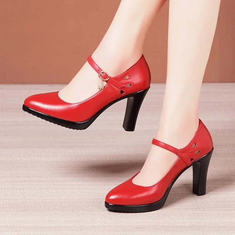6 8 10cm Small Size 32-43 Shallolw Genuine Leather Shoes Mary Janes 2025 Fall Block High Heels Shoes Platform for Office Dress