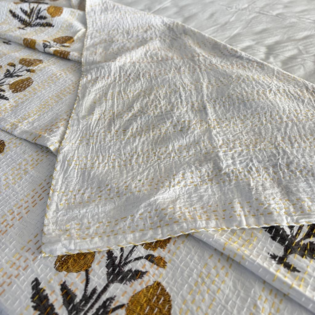 Hand Block Floral Printed Kantha Quilt, Cotton Kantha Bedspread, Vintage Bedding Bedsheets, Handmade kantha throw
