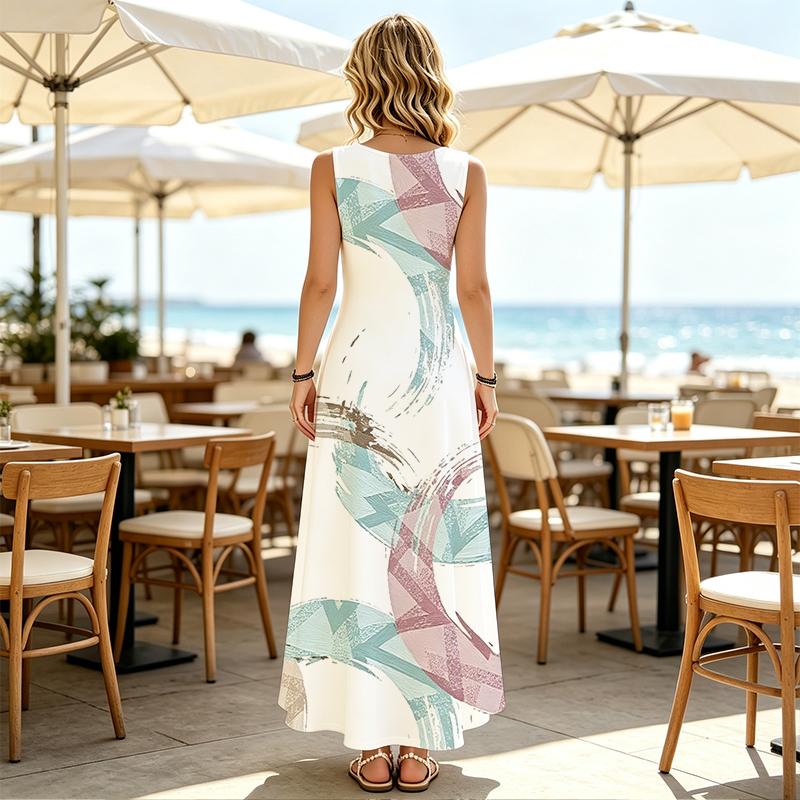 U-Neck Sleeveless Maxi Dress,Lightweight Breathable Fabric,Simple Geometric Design,Fashion Elegant for Beach Vacation & Daily Summer Casual Outing