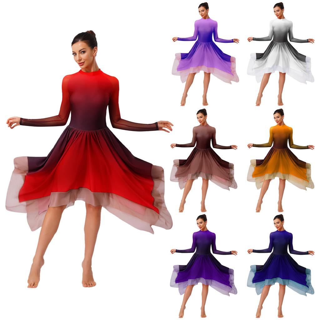 Womens Lyrical Dance Gradient Dress Mesh Long Sleeve Irregular Hem Back Keyhole Leotard Figure Skating Modern Costume